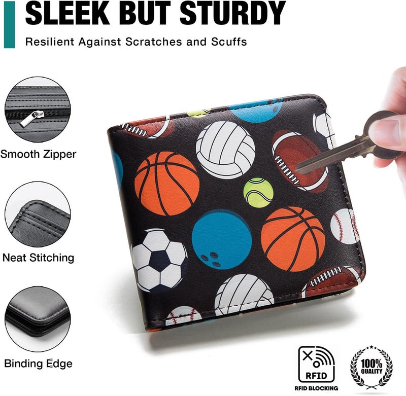 Amutta Kids Wallet for Boys, Cool Teen Boys Wallet for Kids Ages 4-5-6-7-8-9-10-11-12-13-14-15-16, Leather Wallet for Teen Boy, Sports Balls Teenage Teenager Youth Gift Christmas Birthday - Image 3